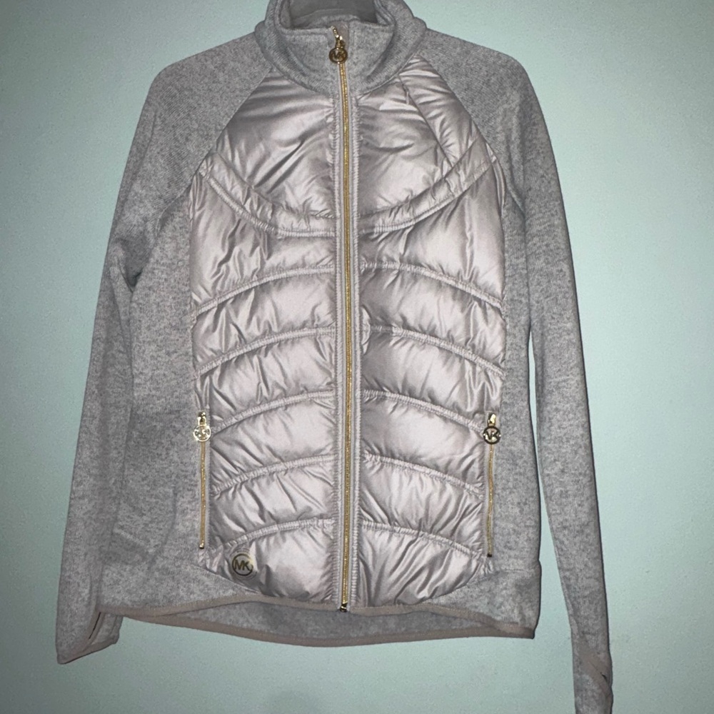 Michael Kors Oatmeal Full Zip Jacket Logo Pockets Mid-Length Women's Size M